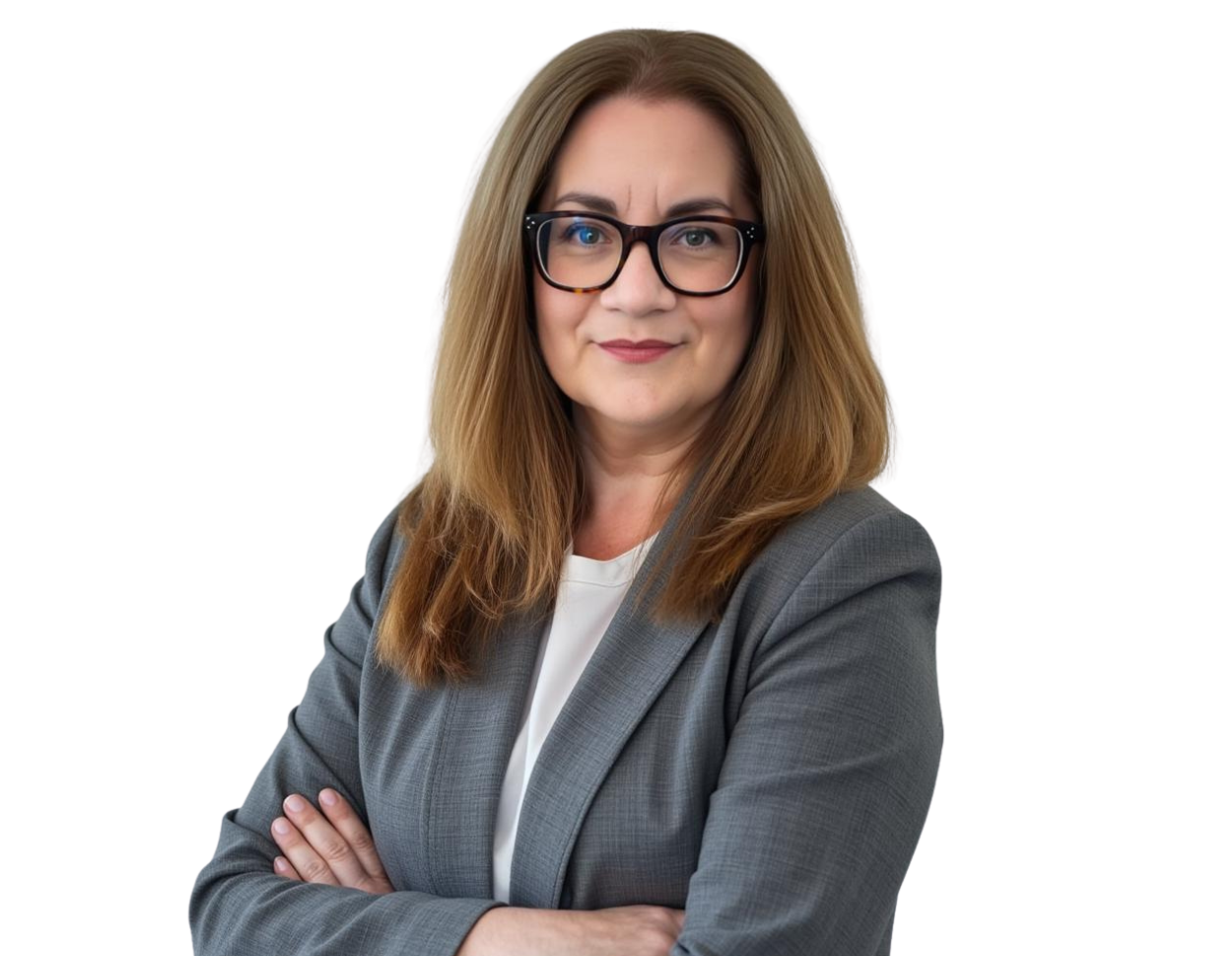 Regina Musolino poses in a gray blazer over a white top. She stands against a transparent background with a composed, professional expression, conveying experience and confidence.