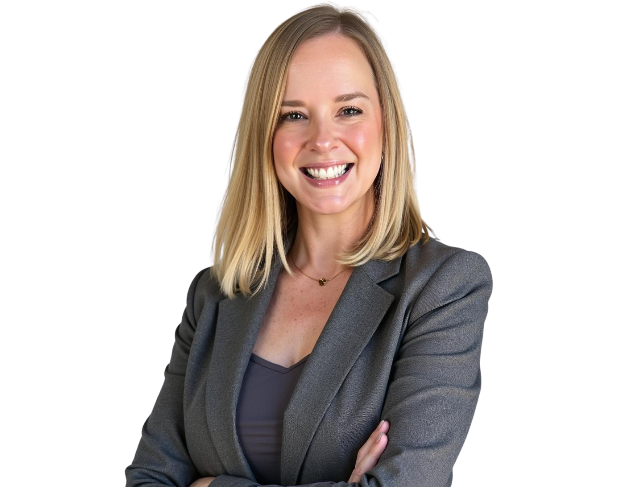 Laura Funk wearing a gray blazer over a dark top, arms crossed, posed against a light blue and white geometric background.