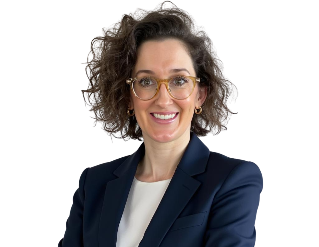 Lindsey Stewart smiling confidently with curly brown hair, wearing clear-framed glasses, gold hoop earrings, and a navy blazer over a white blouse against a plain background.