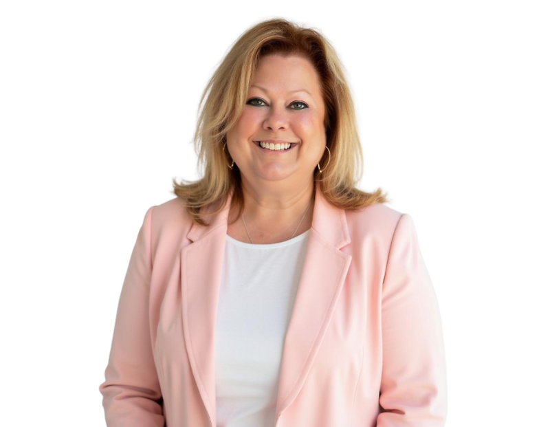 Kim Seten in a light pink blazer and white blouse, smiling in front of a light geometric background.