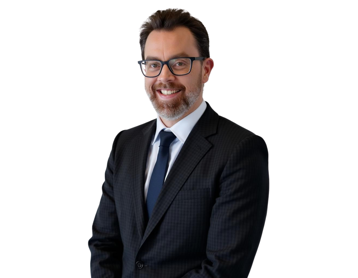 Lindsey Smith wearing a dark suit, white dress shirt, and navy tie, posed against a light blue and white geometric background.