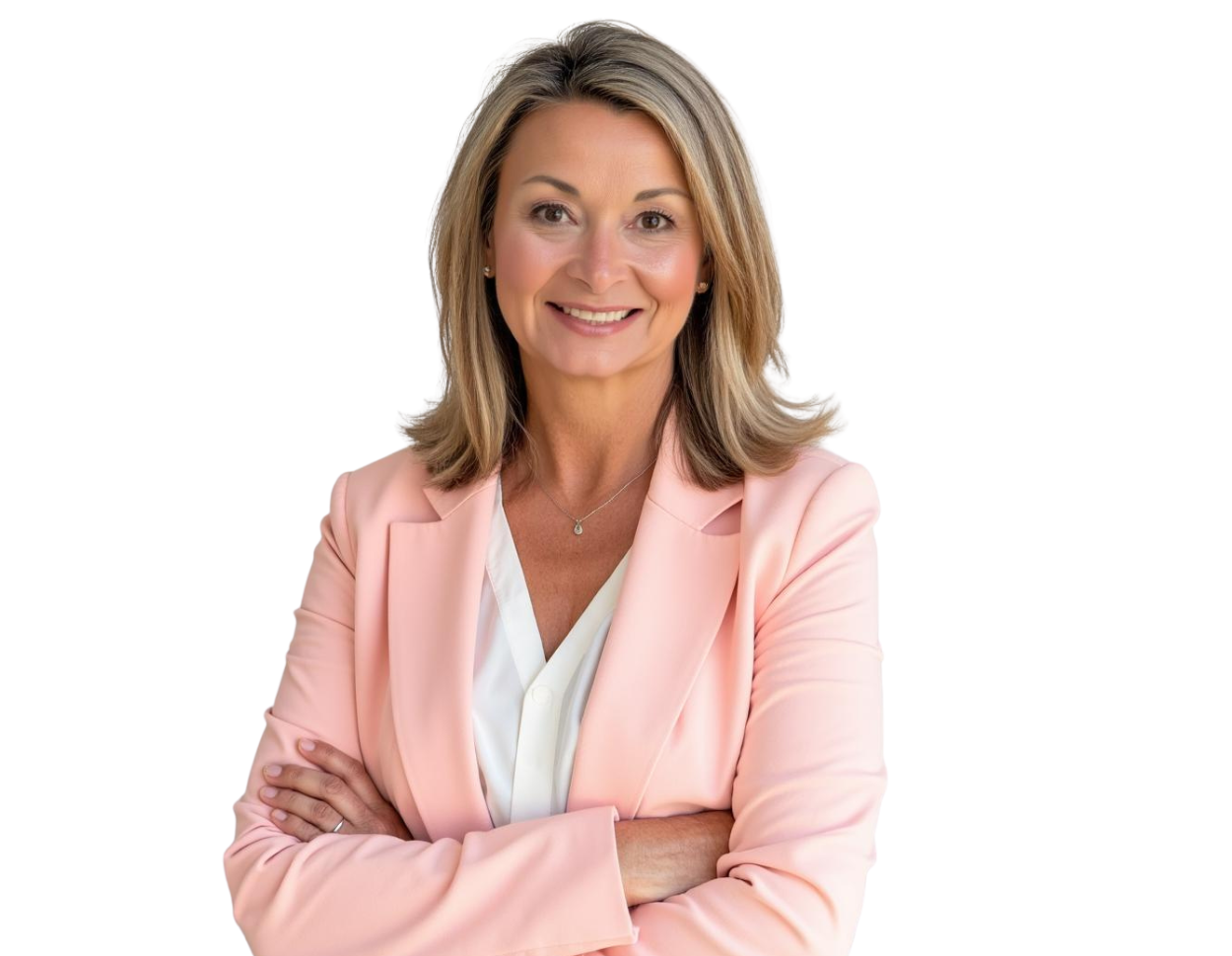 Mary Dohner Smith in a light pink blazer and white blouse, smiling in front of a light geometric background.
