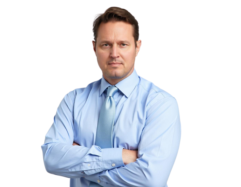 Erik Von Zeipel wearing a light blue dress shirt and matching tie, arms crossed, posed against a light blue and white geometric background.