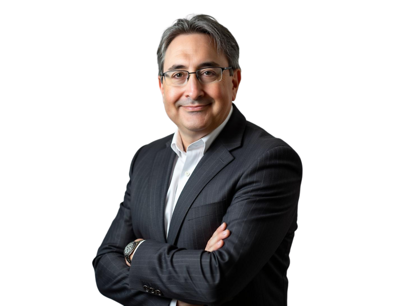 Jason Burk smiles while wearing a dark pinstripe suit over a white dress shirt. He stands against a transparent background with arms crossed, projecting professionalism and calm authority.