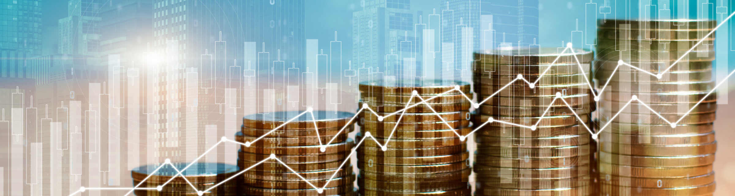 Double exposure of stack of money coin with trading graph for finance investor. Cryptocurrency digital economy. Financial investment and city background concept.
