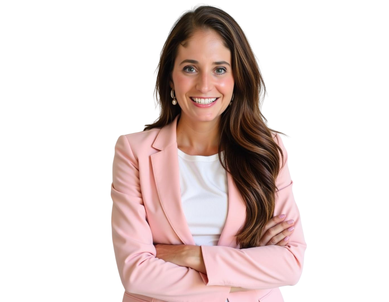 A confident woman with long brown hair smiles while standing with arms crossed, wearing a light pink blazer over a white top. Her professional attire and warm expression convey approachability and leadership.