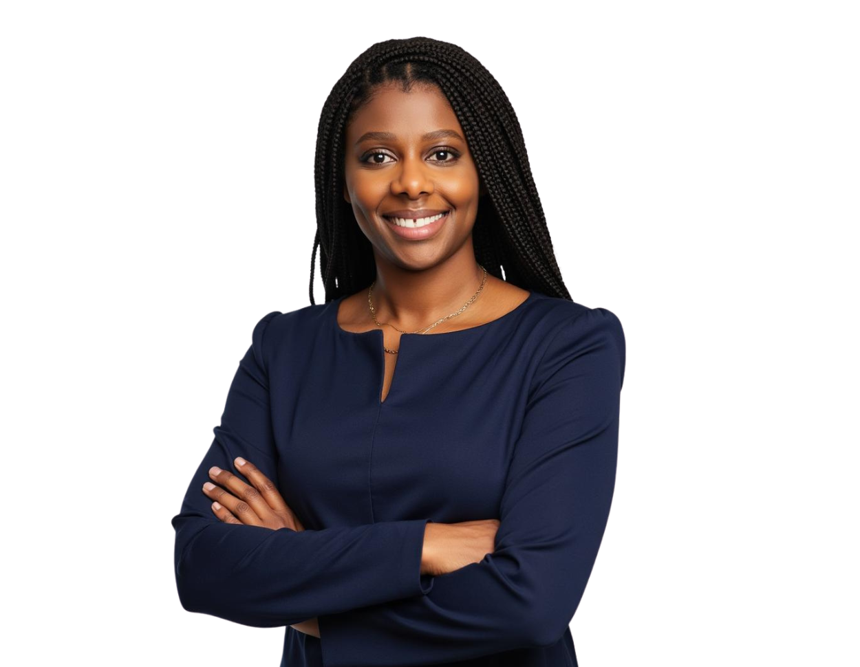 Danielle Pierre wearing a navy blue blouse, arms crossed, posed against a light blue and white geometric background.