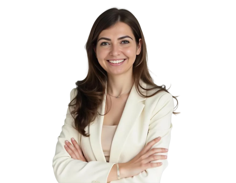 A confident young woman with long brown hair smiles while standing with her arms crossed. She is dressed in a cream-colored blazer over a beige top, giving a professional and approachable appearance.
