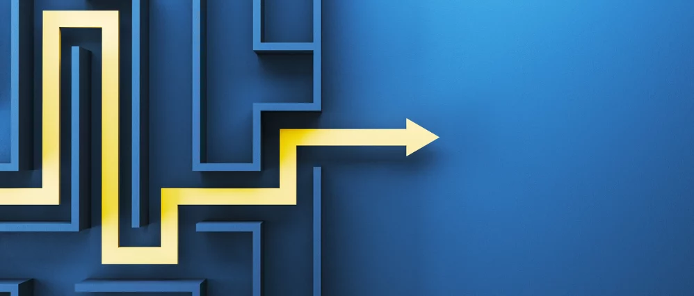 A labyrinth maze with a glowing yellow path on a blue background suggesting a concept of problem solving. 3D Rendering