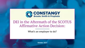 Constangy Brooks Smith & Prophete webinar slide titled 'DEI in the Aftermath of the SCOTUS Affirmative Action Decision: What’s an employer to do?' dated October 2023. The background features blurred blue and purple tones with chess pieces.