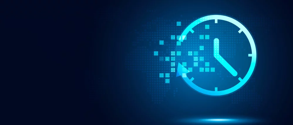 Futuristic time clock hand and clock face digital transformation abstract technology background. Business growth currency stock timer and investment economy.