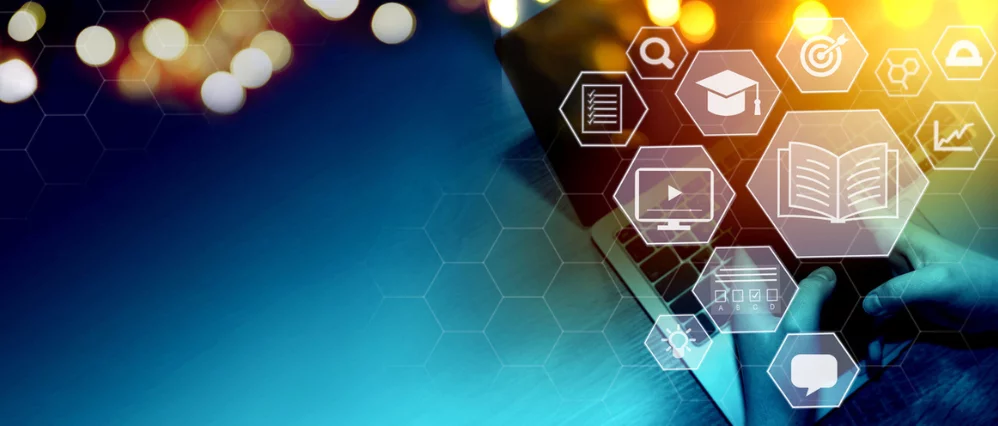 E-learning, education, online exam concept. Choose correct answer. Education internet online digital technology concept.