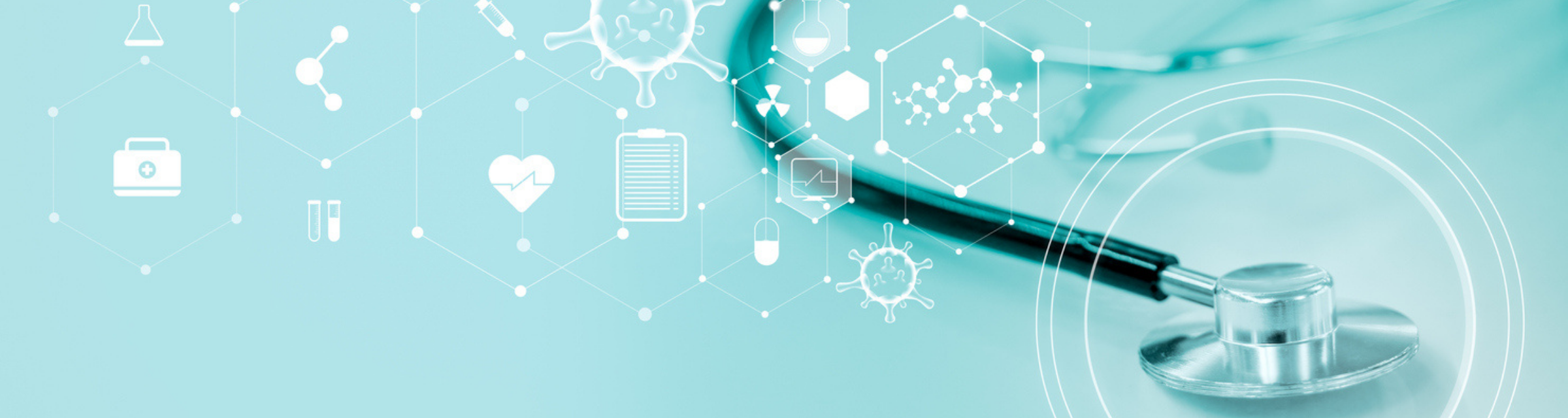 Doctor stethoscope with technological digital virtual interface icons. Healthcare and medical concept.