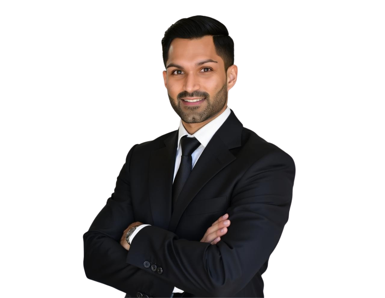 Vikas Bowry dressed in a black suit and tie poses confidently with arms crossed and a friendly smile. The background has been removed, making the image suitable for business profiles or marketing materials.