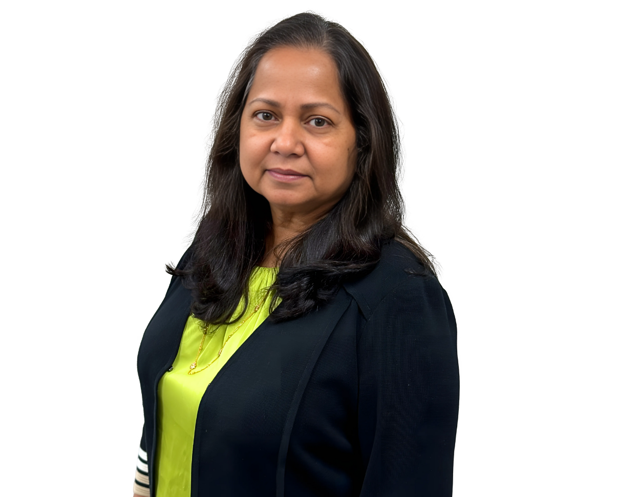 Professional photo of Manjari Sahai wearing a neon green top under a black blazer, standing confidently and looking at the camera with a neutral expression against a transparent background.