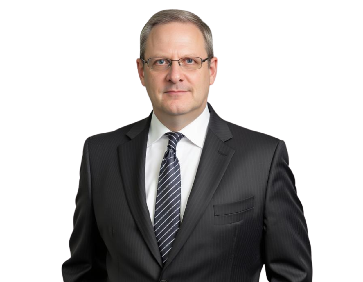 Professional man wearing a dark pinstripe suit with a white dress shirt and a dark striped tie, standing against a transparent background. He has short, neatly combed gray hair, glasses, and a serious, composed expression suitable for executive or corpora