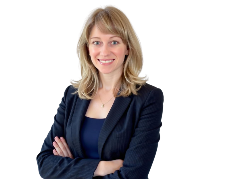Professional woman with shoulder-length blonde hair wearing a navy pinstripe blazer over a light gray top, smiling with arms crossed. She stands confidently against a plain white background, projecting a friendly and approachable business presence.