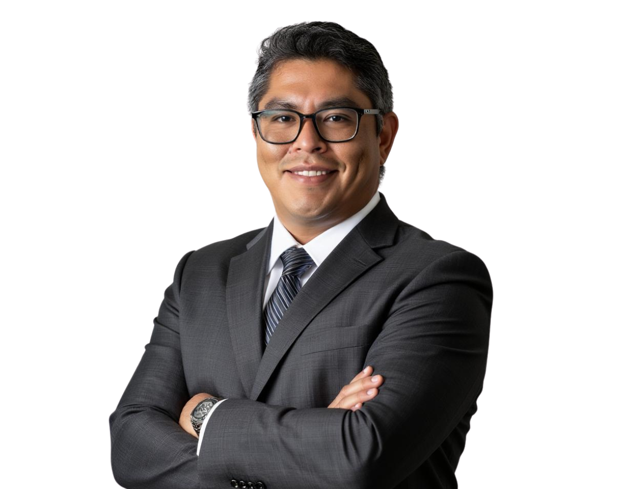 Professional man with short, dark hair wearing glasses and a dark gray suit with a striped tie, smiling with arms crossed. He stands confidently against a plain white background, presenting a polished and approachable corporate image.