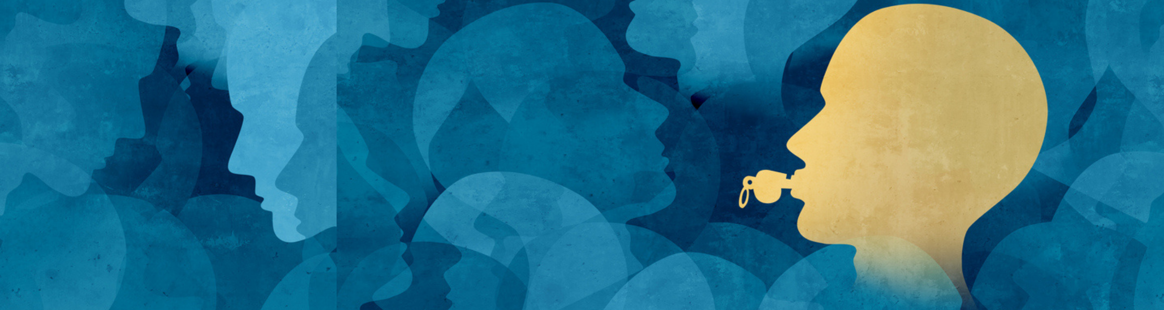 Outlines of people with one gold person blowing a whistle