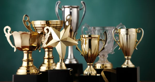 Multiple trophies lined up