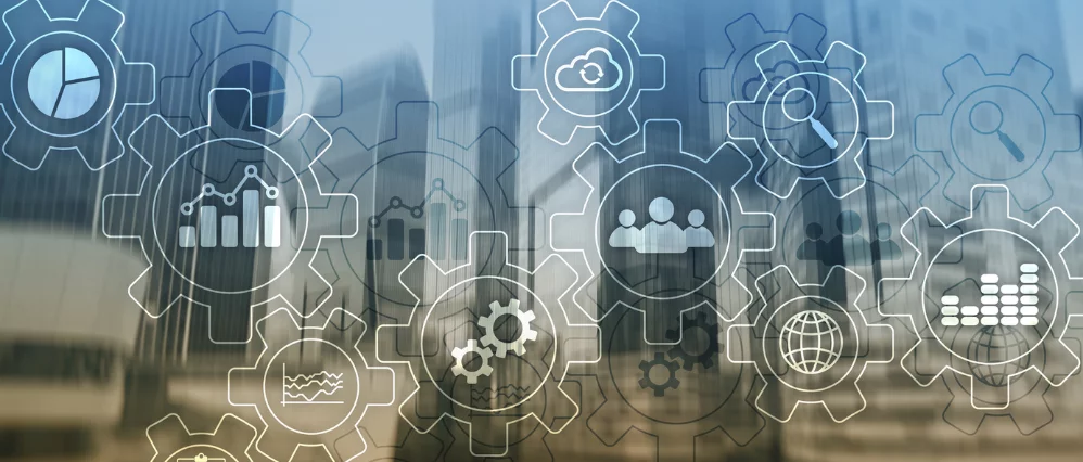 Business process abstract diagram with gears and icons. Workflow and automation technology concept