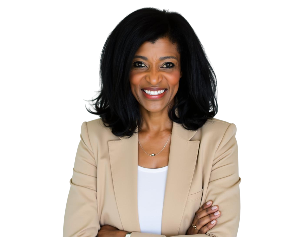 Confident woman smiling with arms crossed, wearing a beige blazer over a white top. She has shoulder-length black hair and a natural, professional look, standing against a transparent background.