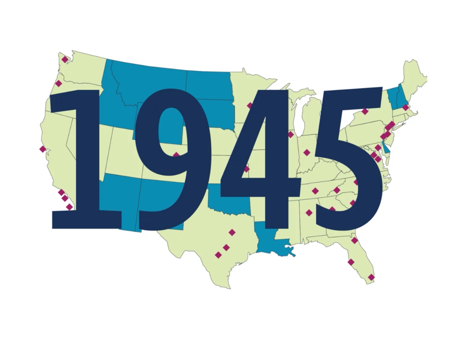 Map of the United States with colored states and magenta diamond markers showing Constangy's office location. A large navy-blue “1945” is centered over the map, denoting the year the firm was founded.