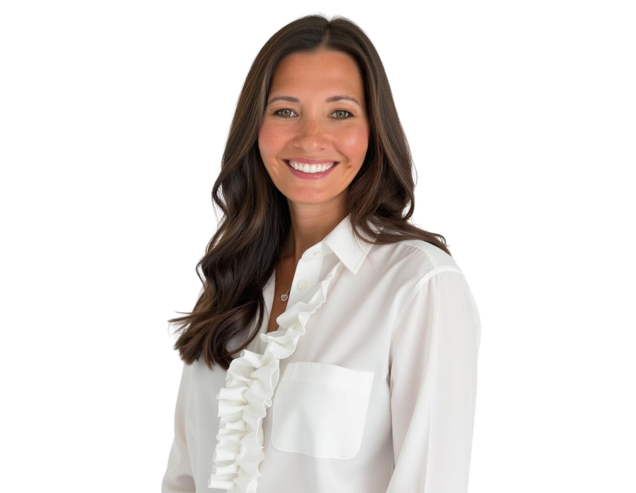 Professional headshot of Brooke Nixon smiling, wearing a white blouse with ruffle detailing and a front pocket, with long dark brown hair styled in soft waves against a light background.