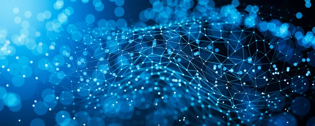 Abstract digital background featuring a blue network of interconnected points and lines over a softly blurred bokeh effect. The image conveys concepts of connectivity, data flow, and advanced technology systems.