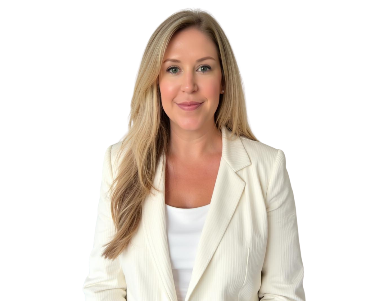 Smiling woman with long blonde hair wearing a white pinstripe blazer over a white top, posed against a plain white background. She has a professional yet approachable look, with minimal makeup and soft waves in her hair.
