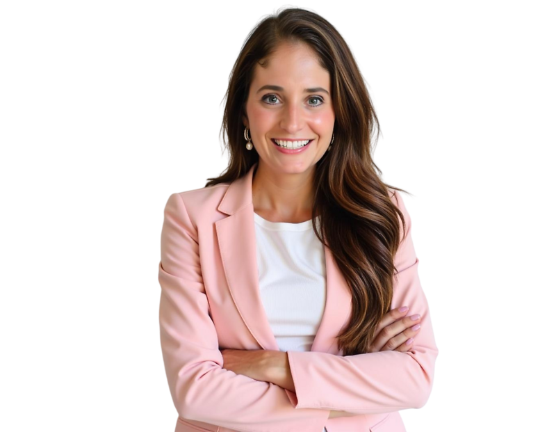 A confident woman with long brown hair smiles while standing with arms crossed, wearing a light pink blazer over a white top. Her professional attire and warm expression convey approachability and leadership.