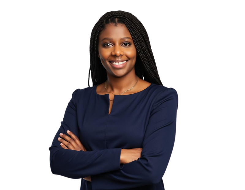 Danielle Pierre wearing a navy blue blouse, arms crossed, posed against a light blue and white geometric background.