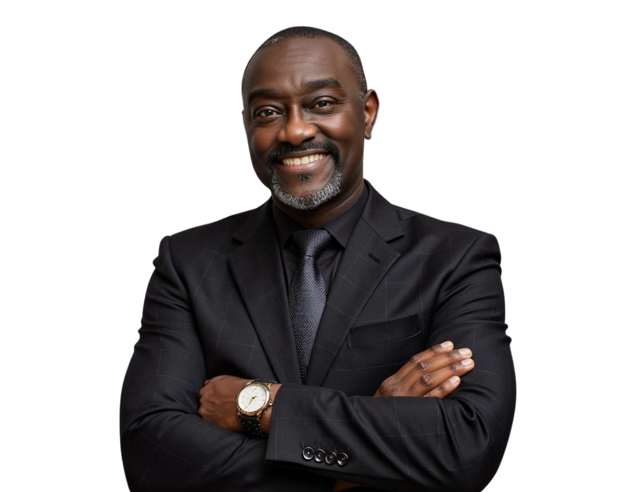Professional headshot of Carl McCalla smiling slightly, wearing a dark pinstripe suit, white dress shirt, and a patterned blue tie.