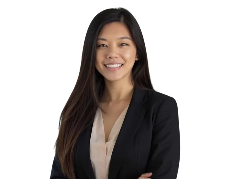 Lisa Xu smiling in a professional headshot, wearing a black blazer over a light beige blouse, with long straight hair and a transparent background.