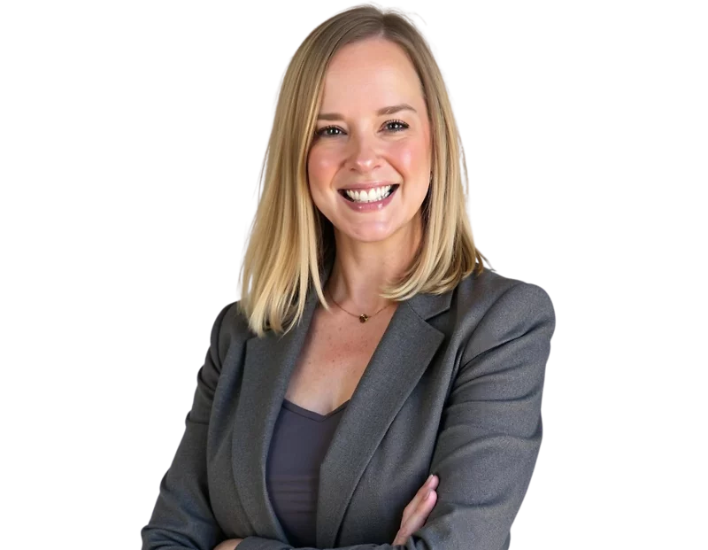 Laura Funk wearing a gray blazer over a dark top, arms crossed, posed against a light blue and white geometric background.
