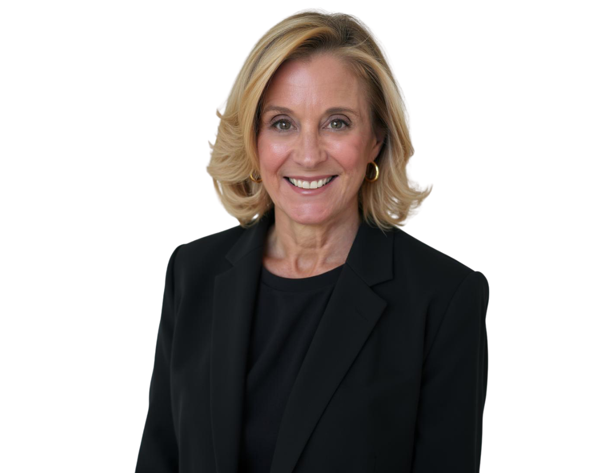 Professional portrait of Amy Anderson, a smiling woman with shoulder-length blonde hair wearing a black blazer and gold hoop earrings against a plain background.