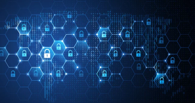 Digital illustration of glowing padlock icons within hexagonal patterns overlaid with binary code, symbolizing cybersecurity and data protection. The background features a world map outline, highlighting global network security concepts.