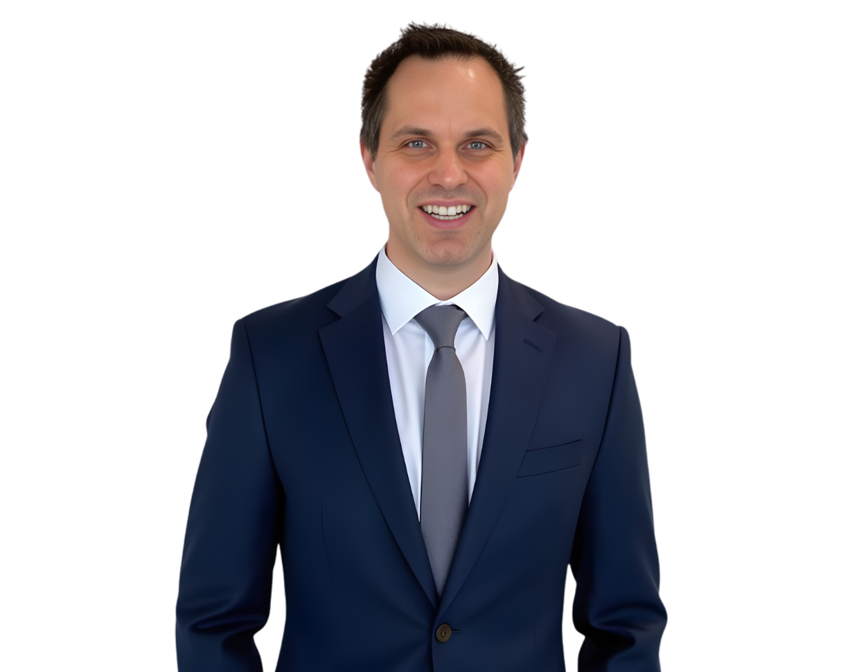 Max Bernas is wearing a navy blue suit, white shirt, and gray tie, posed against a transparent background. His professional attire and approachable expression suggest a business or corporate headshot.