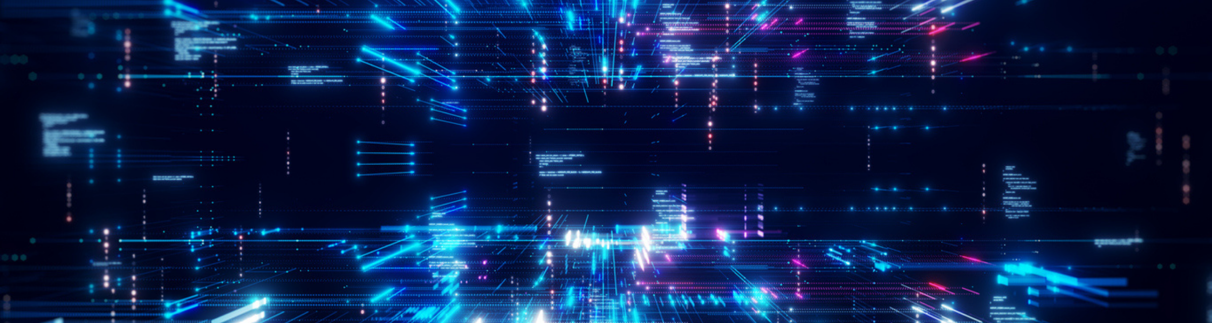 Abstract concept of digital technology Small particles connected in multicolored lines glow on a dark blue background. Data transmission on a fast internet network connection.