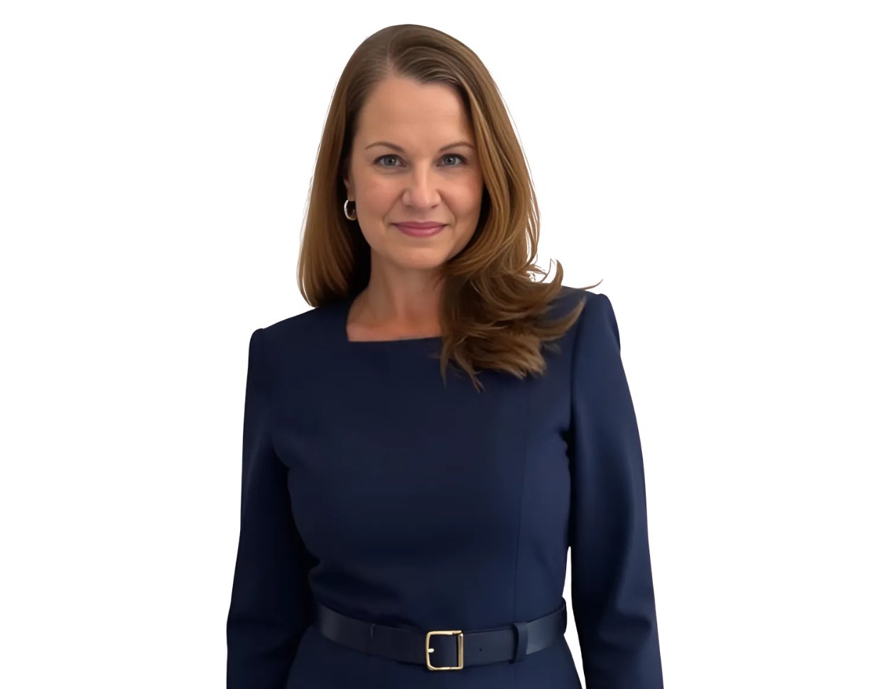 Professional photo of Kristine Sims wearing a navy blue belted dress and small hoop earrings. She is posed against a transparent background, looking directly at the camera with a confident and approachable expression.