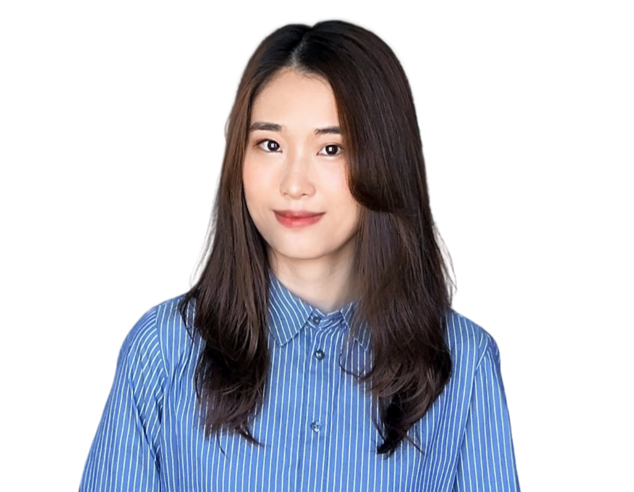 Young woman with long, softly curled dark brown hair wearing a blue and white vertical striped button-up shirt, standing against a transparent background. Her subtle smile and casual-professional outfit give a friendly yet polished impression.