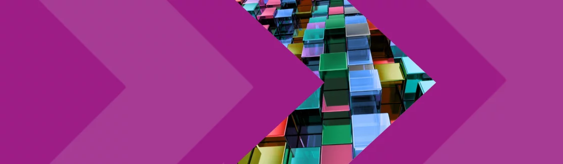 Cabernet-colored banner with arrow overlay with colorful block pieces for the EEO Compliance Dispatch.