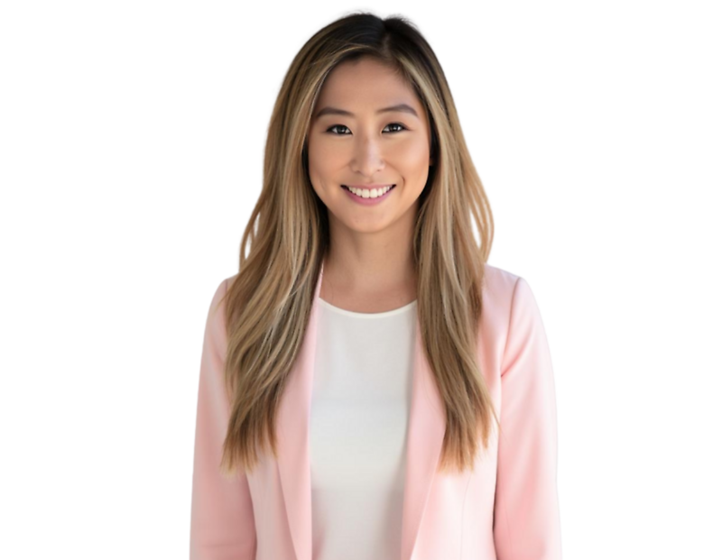 Jennifer Lee, Cyber partner headshot, wears a light pink blazer over a white blouse, smiling against a light blue and white geometric background.