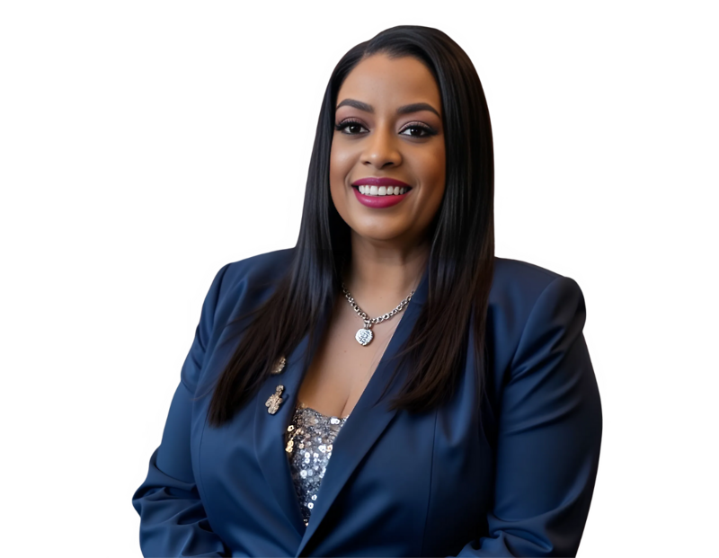 Kim Talley wearing a navy blazer over a sparkly silver top and a silver necklace, posed against a light blue and white geometric background.