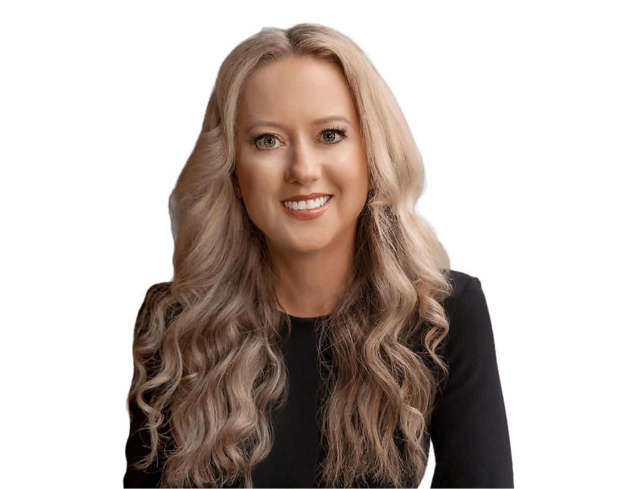 Smiling woman with long, wavy blonde hair wearing a black top, posed against a transparent background. She faces forward with a friendly and professional expression, suitable for a business or personal branding photo.