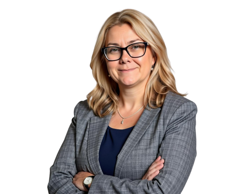 Confident woman with blonde shoulder-length hair and black glasses, dressed in a grey plaid blazer and navy top, standing with arms crossed against a transparent background. Her expression and posture convey professionalism and authority, suited for a cor
