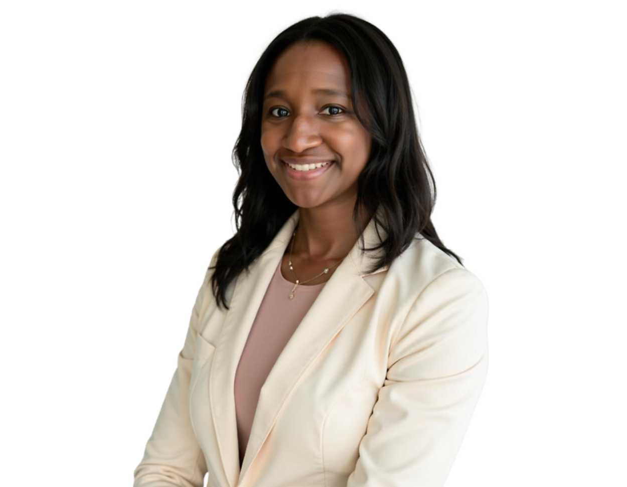 Professional headshot of Ashley Waring smiling, wearing a light beige blazer over a soft pink top, with shoulder-length dark hair, posed against a softly blurred light background.