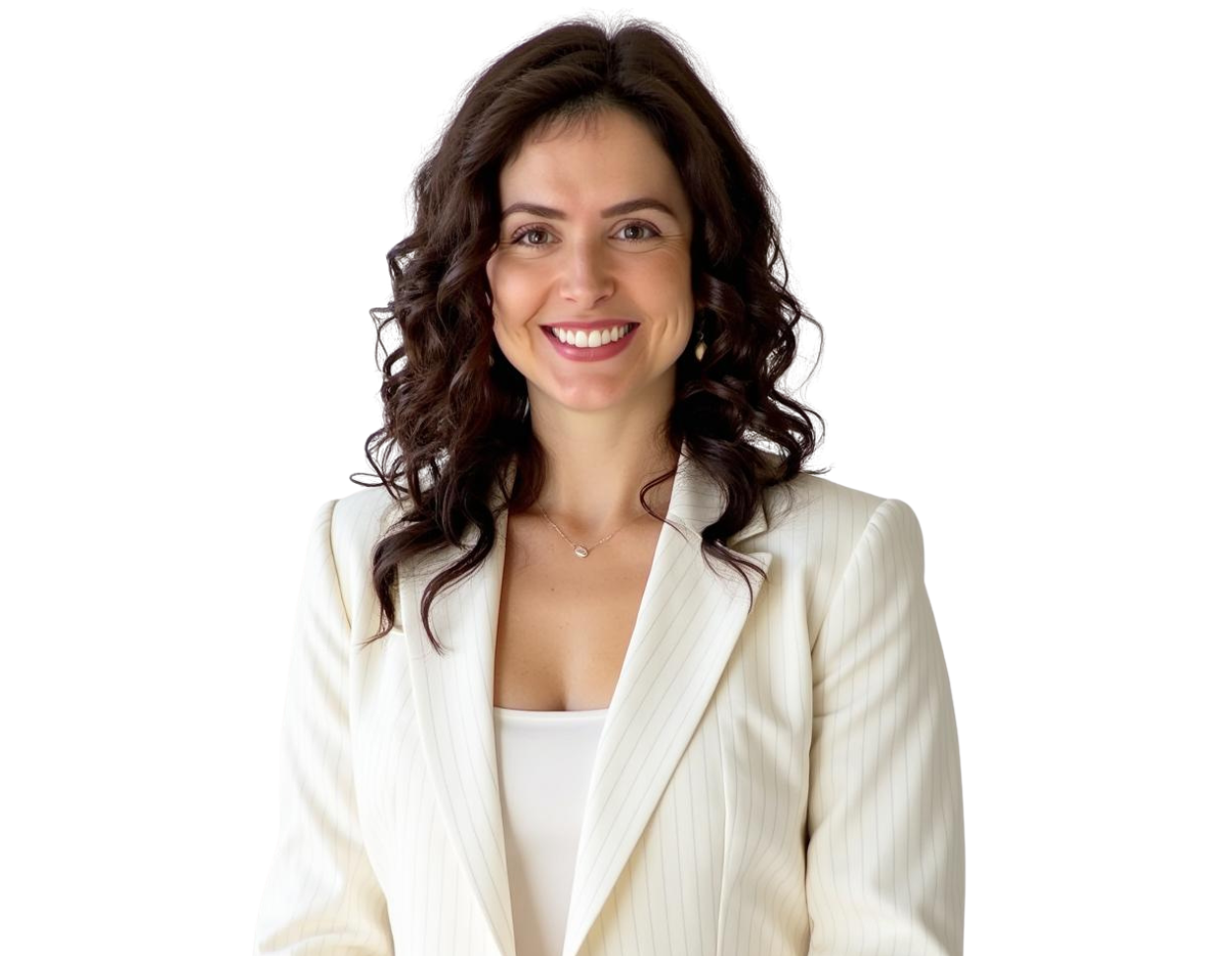 Smiling woman with dark wavy hair wearing a white pinstripe blazer over a white top. She is facing forward against a transparent background.