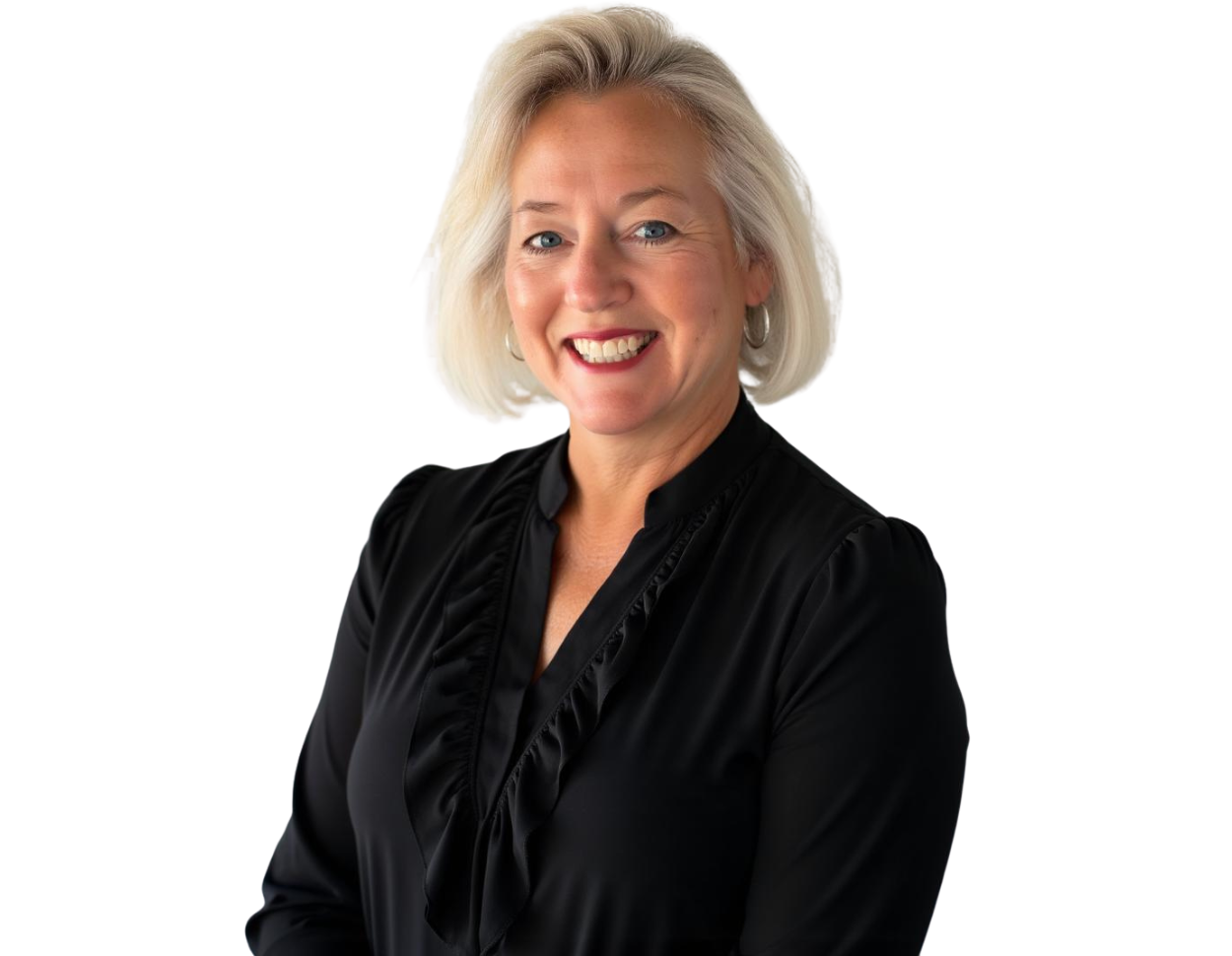 Jeanette Phelan wearing a black blouse with ruffled detailing, posed against a light blue and white geometric background.