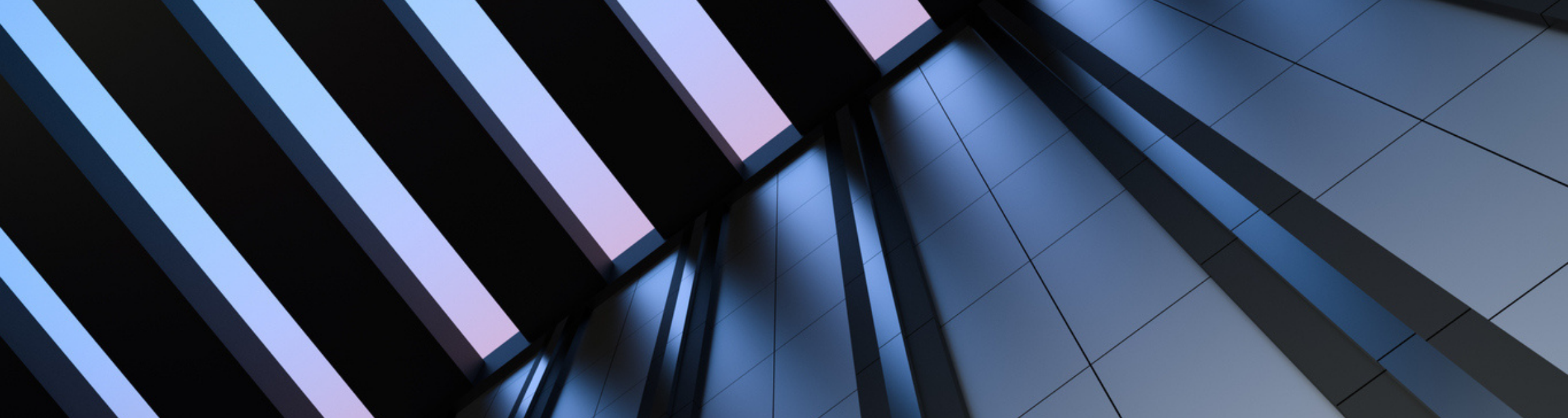 Wall of building, modern architecture with metal elements, building with transparent ceiling, sky view. Modern house, office, building, with metal wall and open sky.